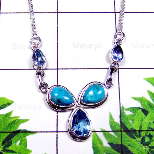 Blue Turquoise O - SDN991-Sterling Silver Semiprecious Gemstone Stylish Necklace