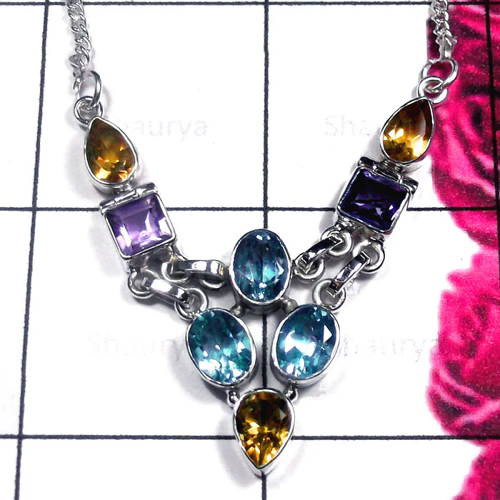 Multi Cut Gmestone B - SDN990-Semiprecious Gemstone Sterling Silver Elegant Necklace Multi Cut Gmestone B - SDN990-Semiprecious Gemstone Sterling Silver Elegant Necklace