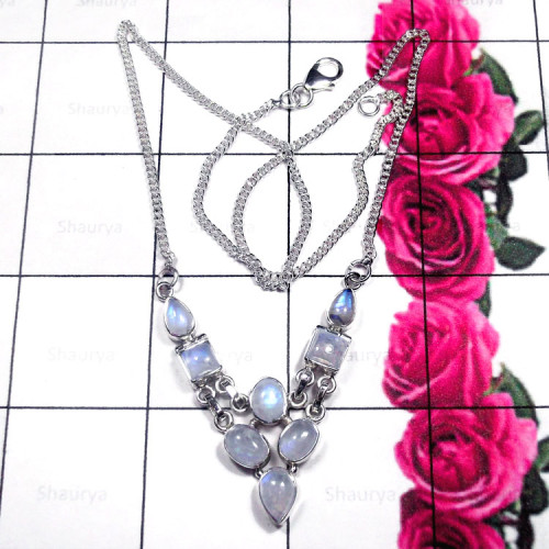 Rainbow Moonstone O - SDN990-Semiprecious Gemstone Sterling Silver Elegant Necklace