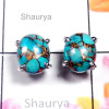 Blue Copper Turquoise C - SSE992-Sterling Silver 9x11 mm Gemstone Stud Earring