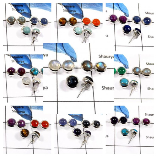 100 Pairs Studs Earrings STCAB100PS- Cab Gemstone Plain Setting 925 Silver
