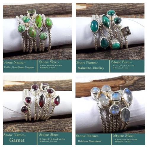 100 Stack Rings in twisted wire with cut and cab Gemstones in Silver 925 from $ 2.93 -STKCC100T 100 Stack Rings in twisted wire with cut and cab Gemstones in Silver 925 from $ 2.93 -STKCC100T