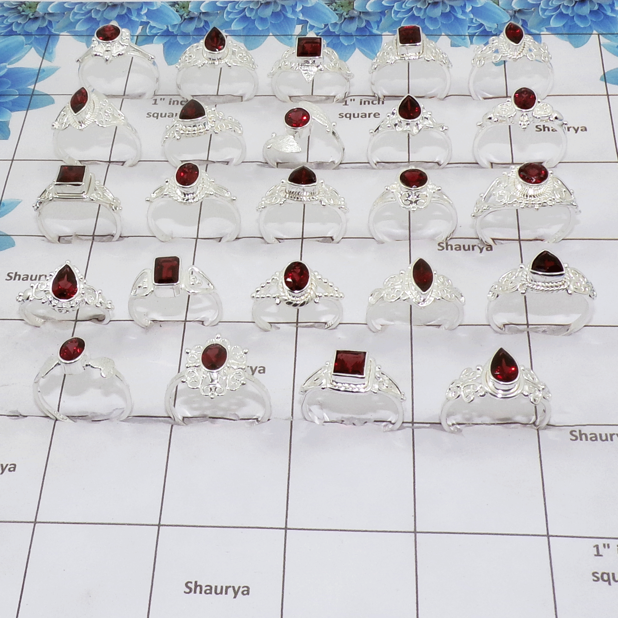 50 Pcs Garnet Cut stone - D Dainty Petite Silver Rings wholesale lot in 925 Solid Silver SIQWLSSR50