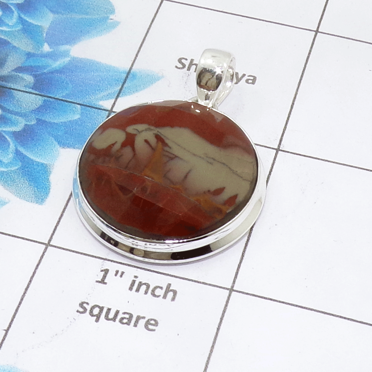 Natural Noreen Jasper Cab Pendant A - ISP502 - Round Shape Solid 925 Sterling Silver Plain Setting Pendant
