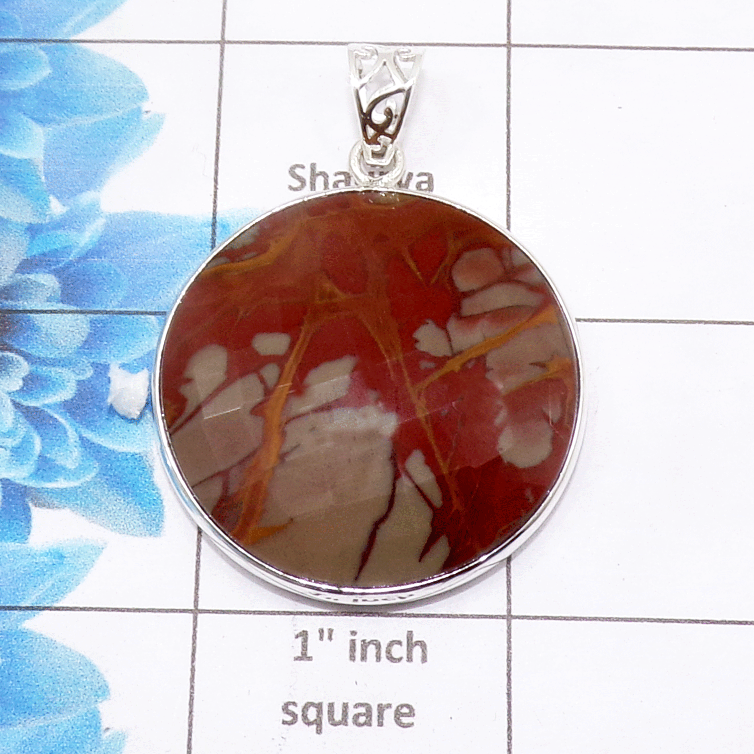 Natural Noreen Jasper Cab Pendant B - ISP502 - Round Shape Solid 925 Sterling Silver Plain Setting Pendant