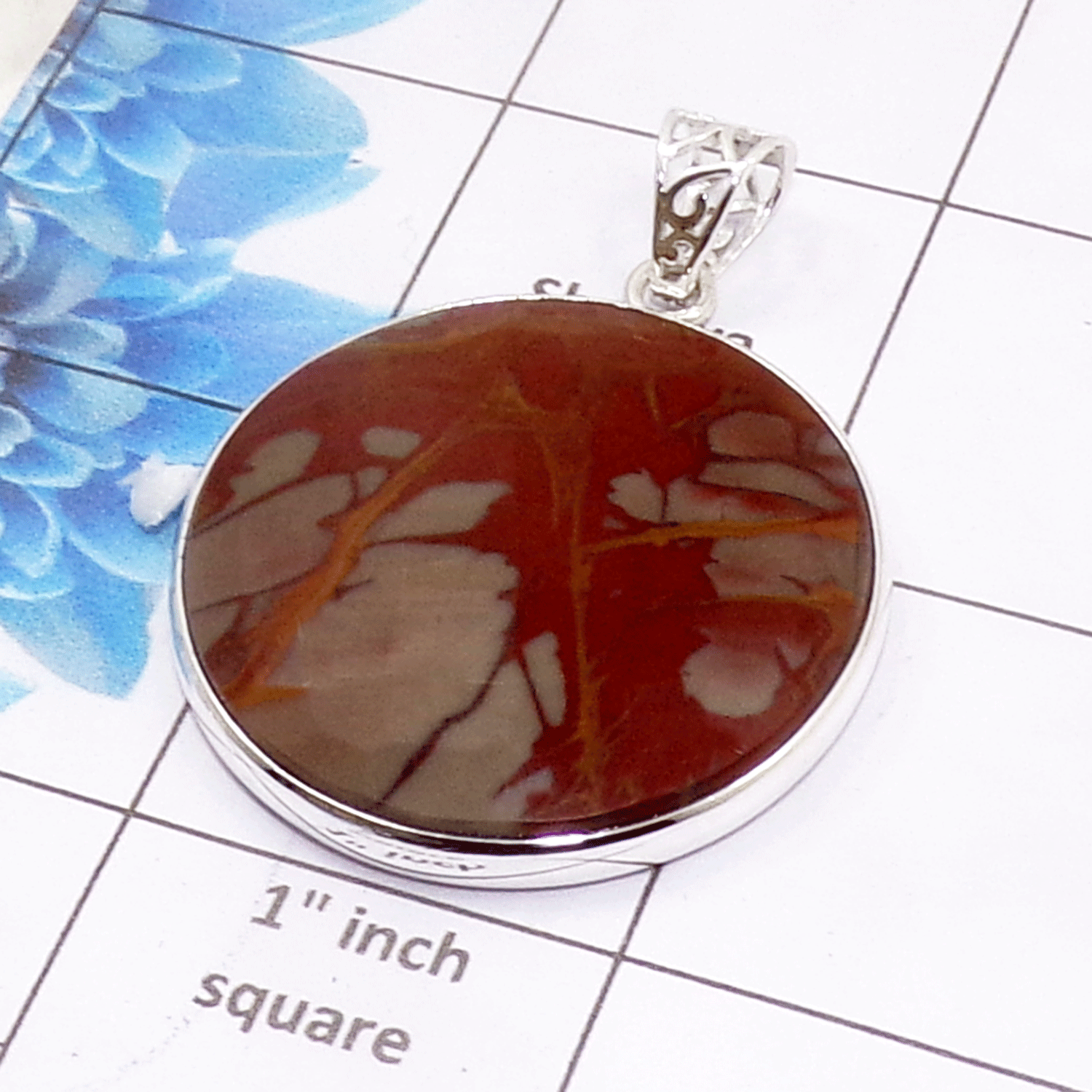 Natural Noreen Jasper Cab Pendant B - ISP502 - Round Shape Solid 925 Sterling Silver Plain Setting Pendant