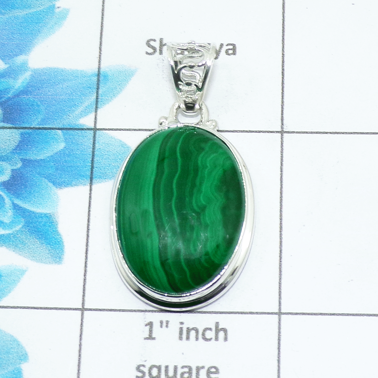 Natural Malachite Cab Pendant B - ISP503 - Oval Shape Solid 925 Sterling Silver Plain Setting Pendant