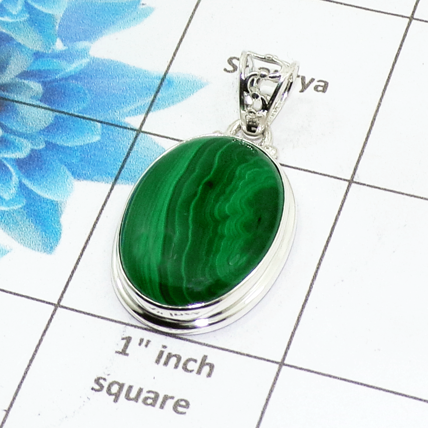 Natural Malachite Cab Pendant B - ISP503 - Oval Shape Solid 925 Sterling Silver Plain Setting Pendant