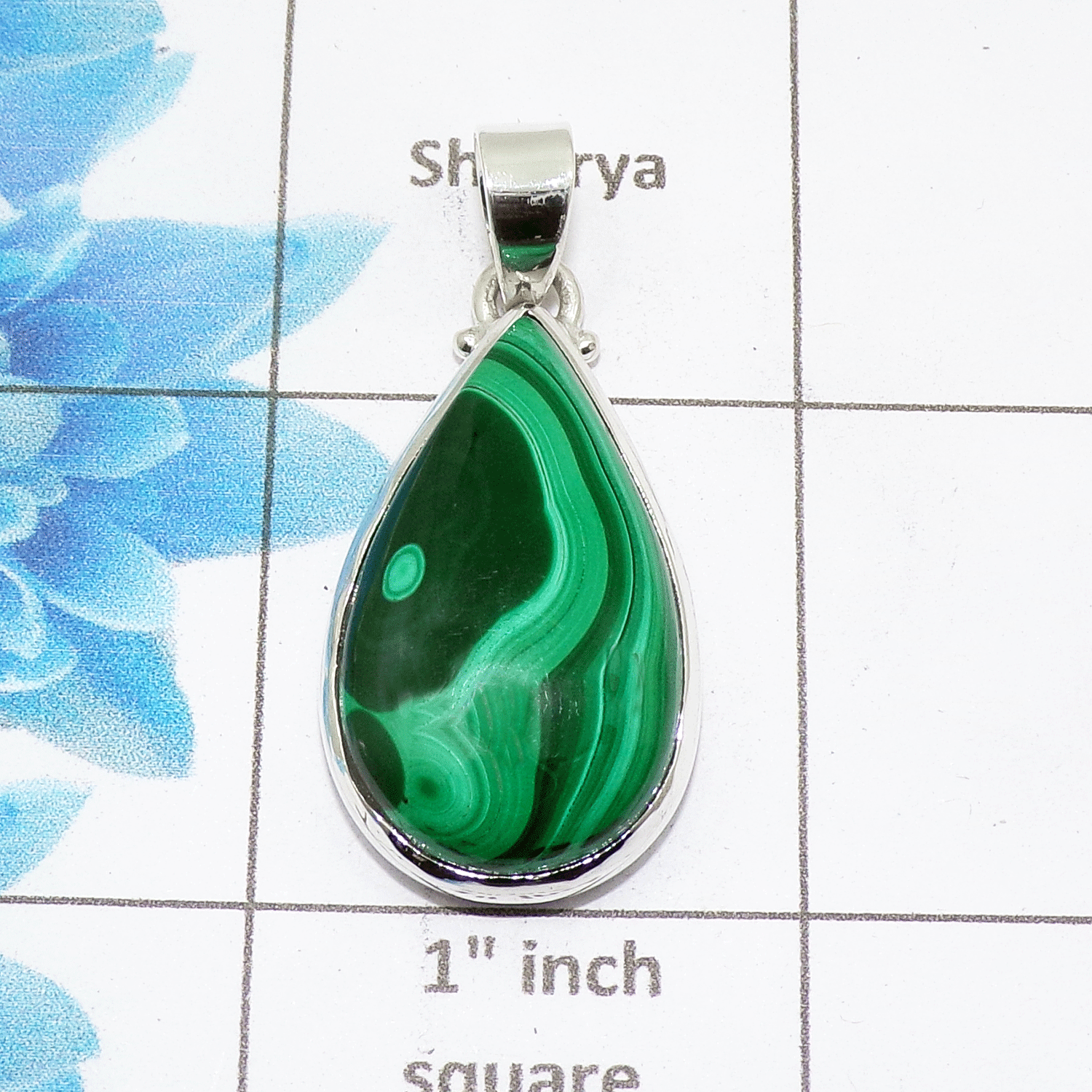 Natural Malachite Cab Pendant C - ISP503 - Pear Shape Solid 925 Sterling Silver Plain Setting Pendant