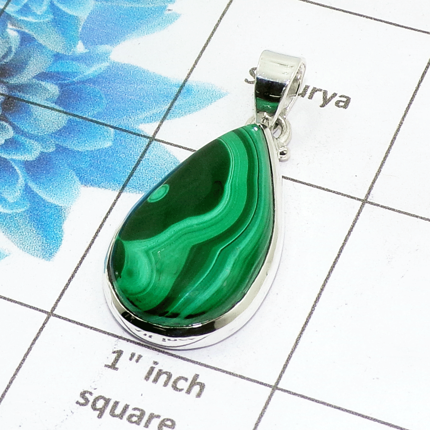 Natural Malachite Cab Pendant C - ISP503 - Pear Shape Solid 925 Sterling Silver Plain Setting Pendant