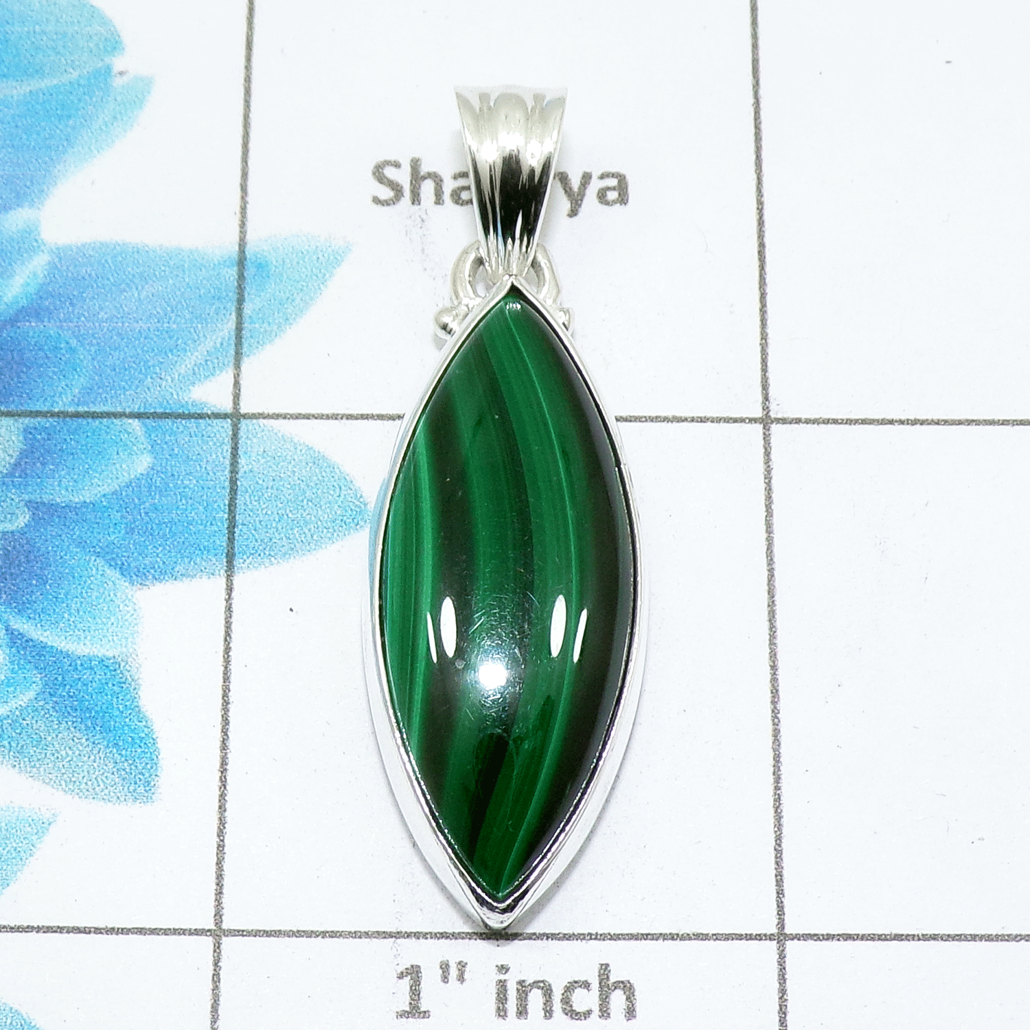Natural Malachite Cab Pendant D - ISP503 - Marquise Shape Solid 925 Sterling Silver Plain Setting Pendant