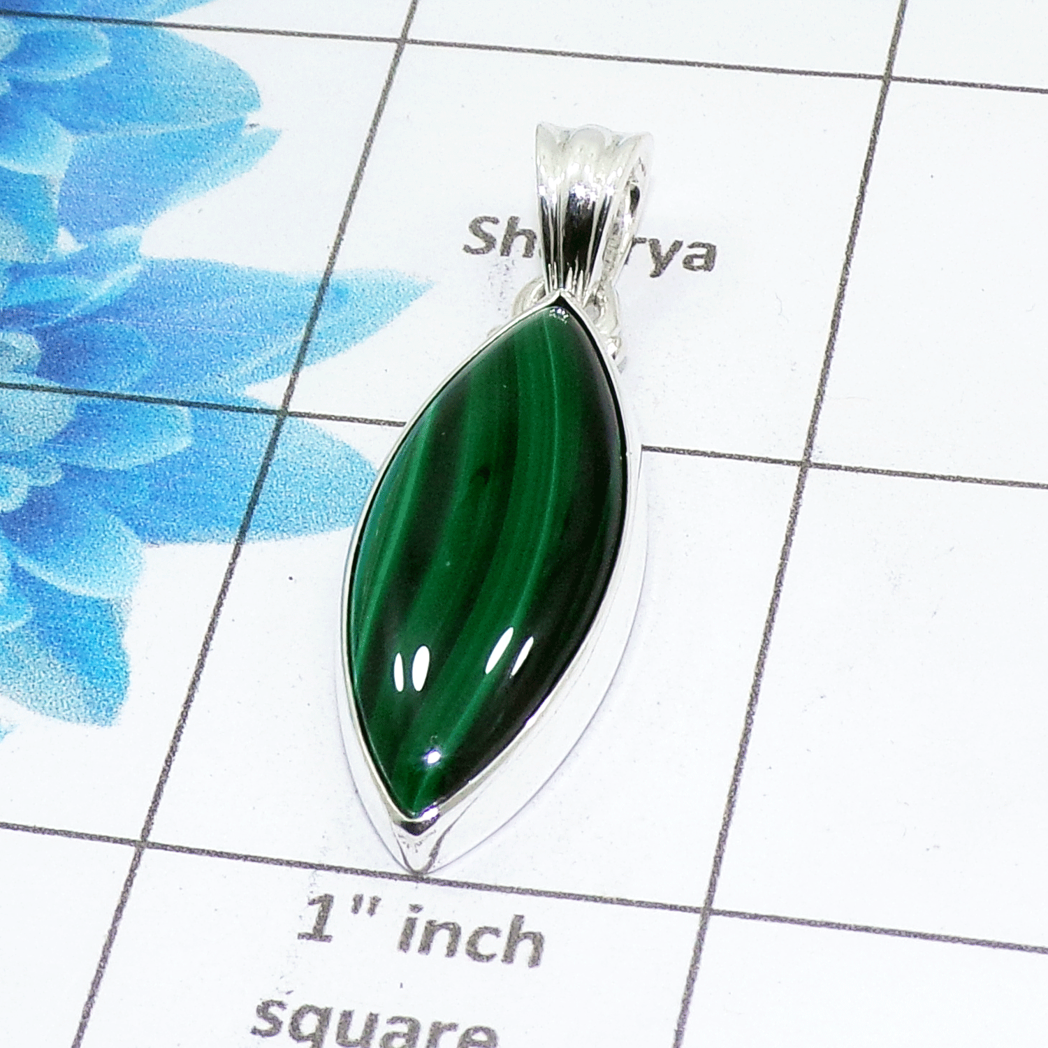 Natural Malachite Cab Pendant D - ISP503 - Marquise Shape Solid 925 Sterling Silver Plain Setting Pendant