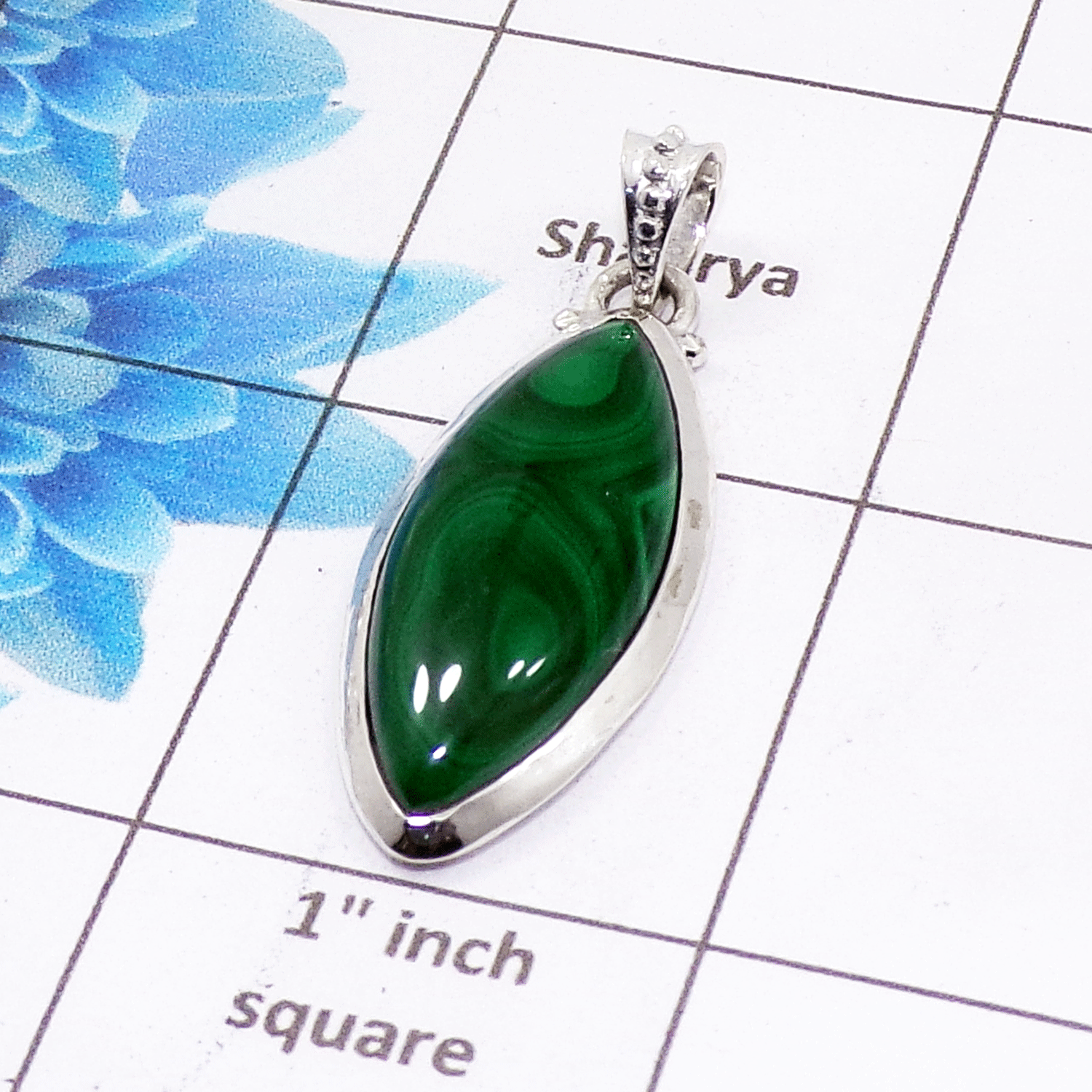 Natural Malachite Cab Pendant E - ISP503 - Marquise Shape Solid 925 Sterling Silver Plain Setting Pendant