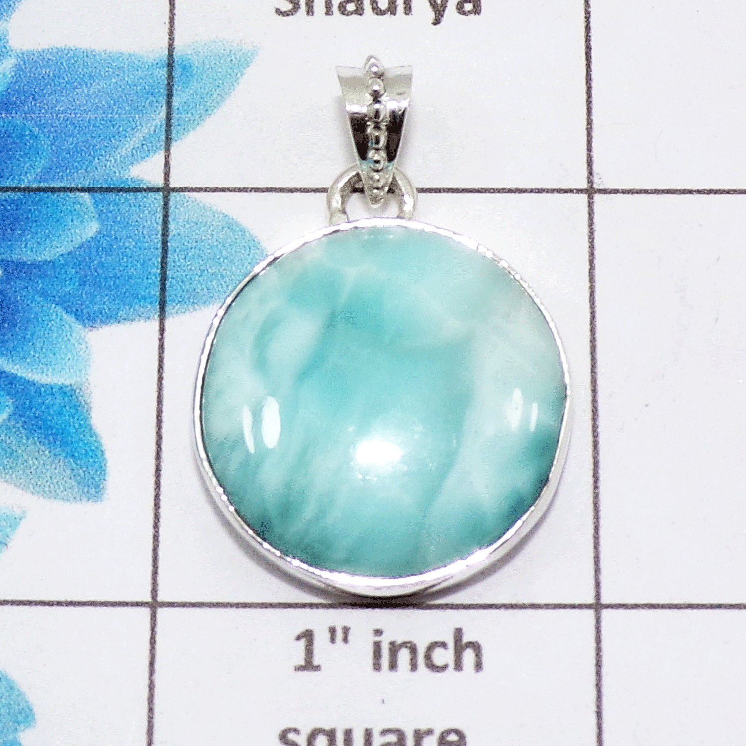 Natural Larimar Cab Pendant A - ISP506 - Round Shape Solid 925 Sterling Silver Plain Setting Pendant