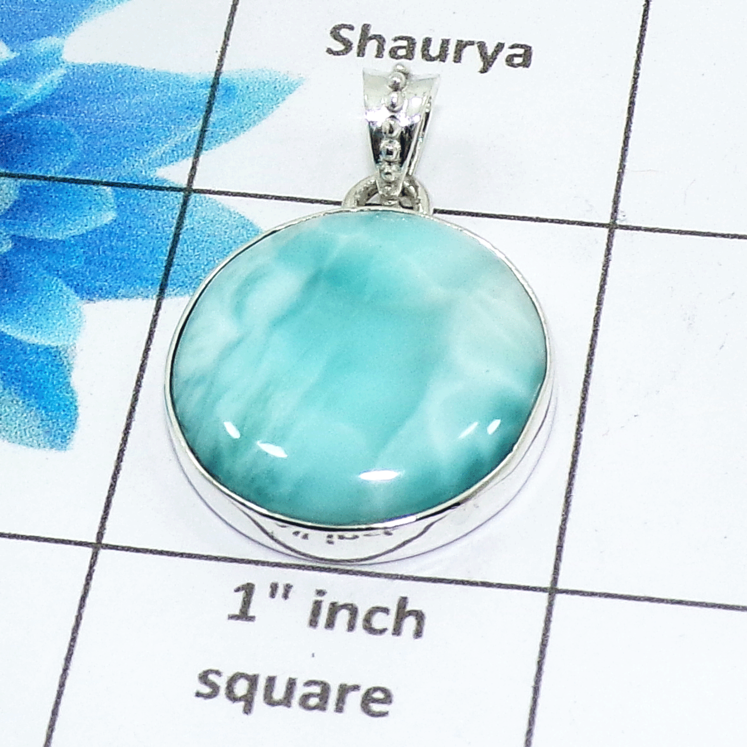 Natural Larimar Cab Pendant A - ISP506 - Round Shape Solid 925 Sterling Silver Plain Setting Pendant Natural Larimar Cab Pendant A - ISP506 - Round Shape Solid 925 Sterling Silver Plain Setting Pendant