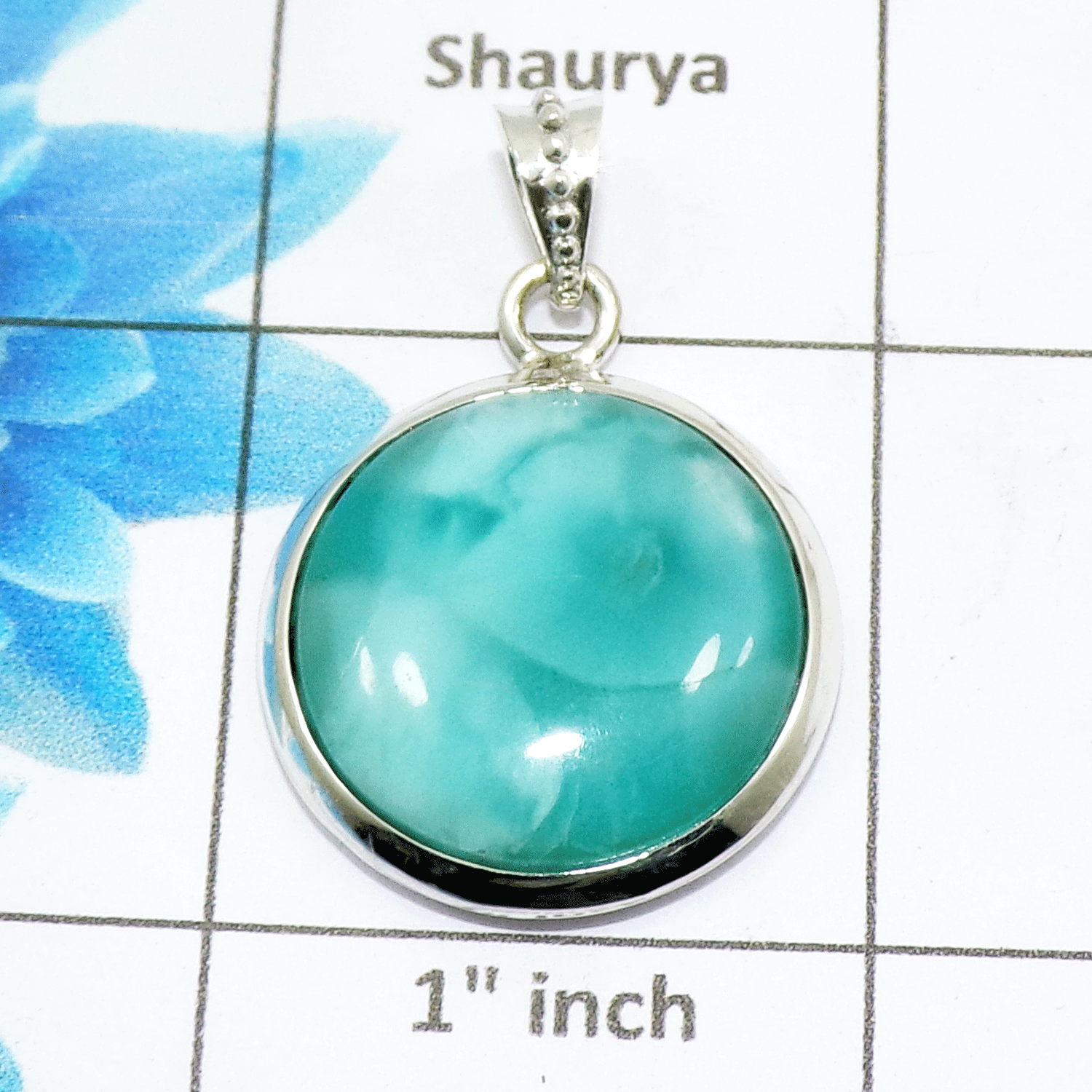Natural Larimar Cab Pendant B - ISP506 - Round Shape Solid 925 Sterling Silver Plain Setting Pendant Natural Larimar Cab Pendant B - ISP506 - Round Shape Solid 925 Sterling Silver Plain Setting Pendant
