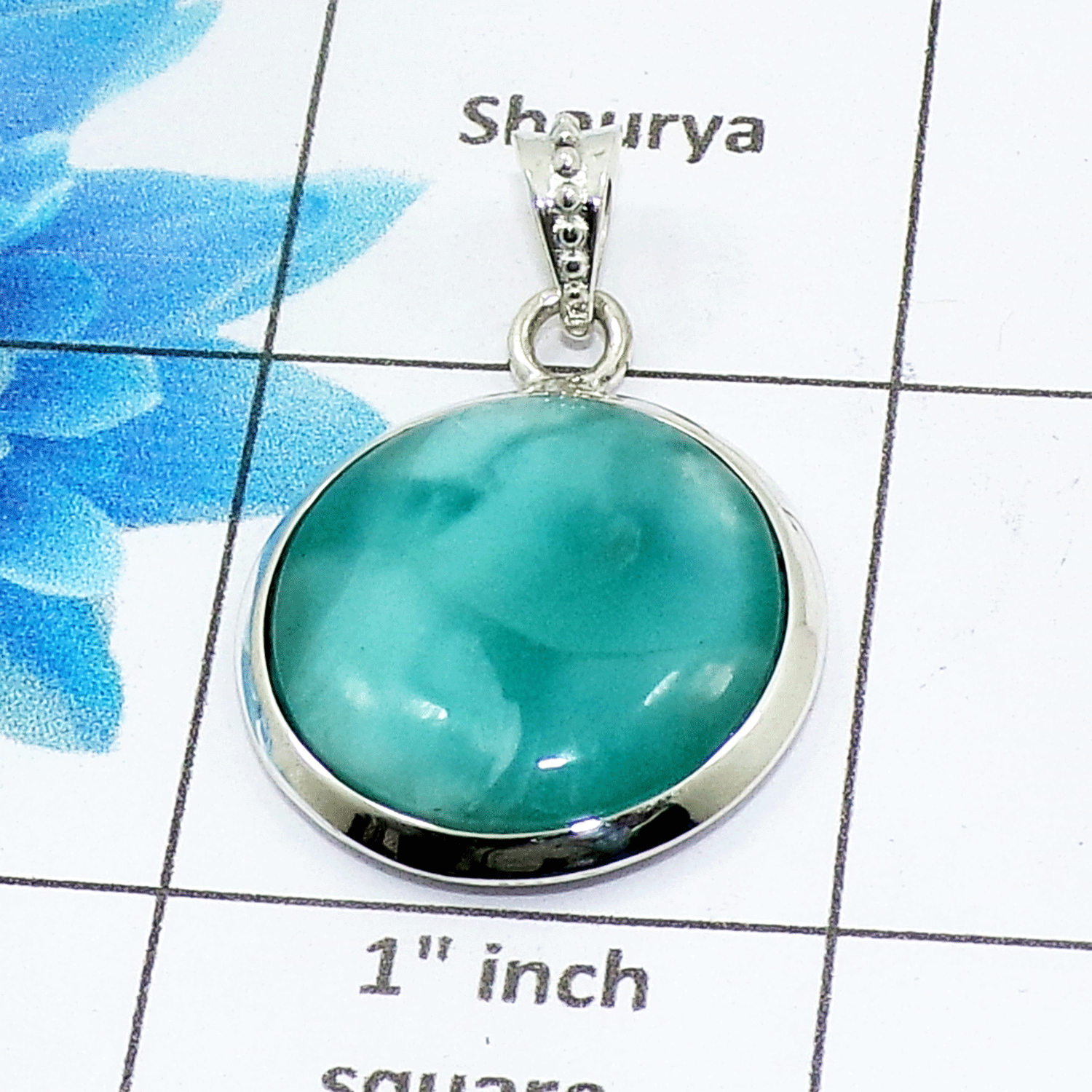 Natural Larimar Cab Pendant B - ISP506 - Round Shape Solid 925 Sterling Silver Plain Setting Pendant Natural Larimar Cab Pendant B - ISP506 - Round Shape Solid 925 Sterling Silver Plain Setting Pendant