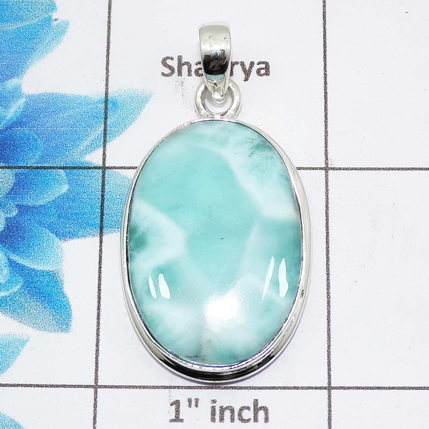 Natural Larimar Cab Pendant C - ISP506 - Oval Shape Solid 925 Sterling Silver Plain Setting Pendant