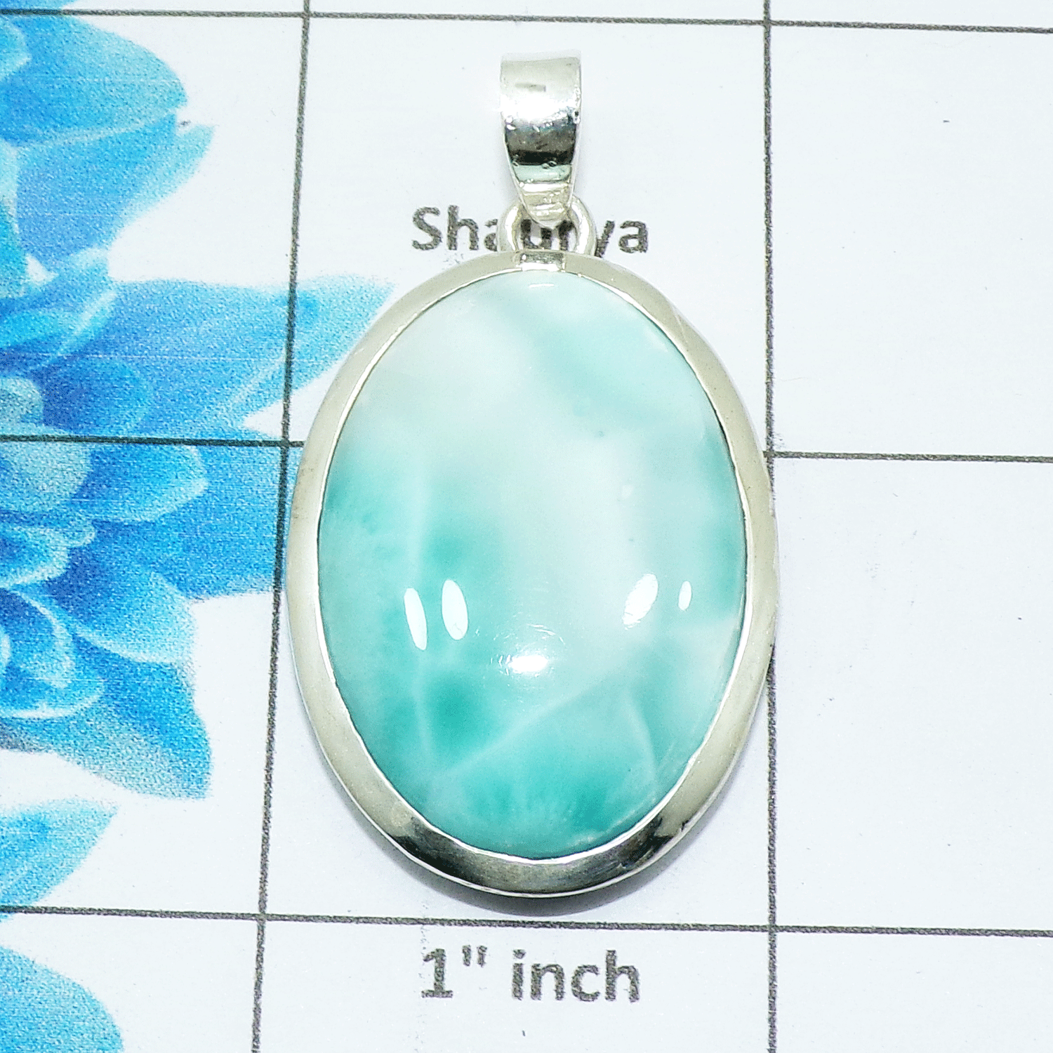 Natural Larimar Cab Pendant D - ISP506 - Oval Shape Solid 925 Sterling Silver Plain Setting Pendant