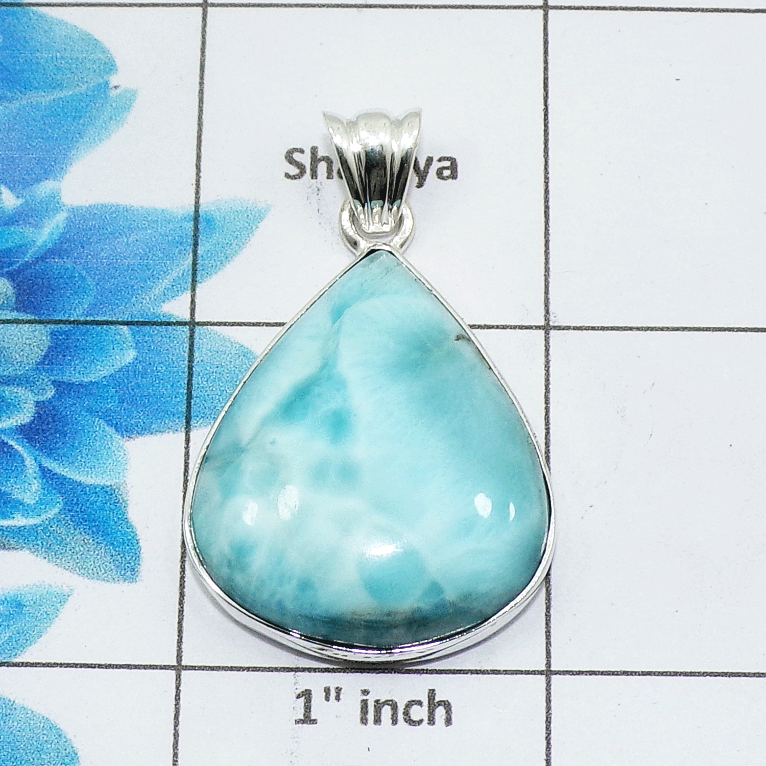 Natural Larimar Cab Pendant E - ISP506 - Pear Shape Solid 925 Sterling Silver Plain Setting Pendant