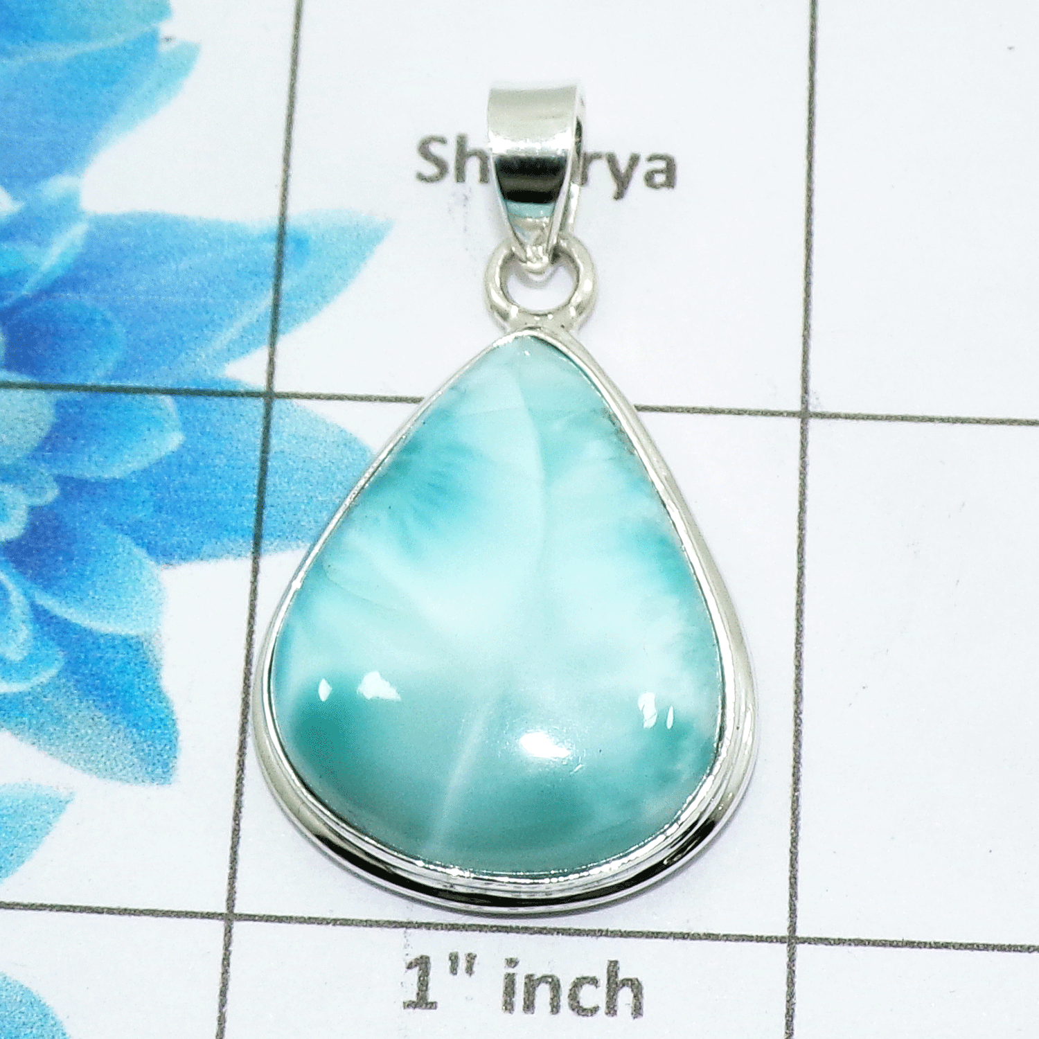 Natural Larimar Cab Pendant F - ISP506 - Pear Shape Solid 925 Sterling Silver Plain Setting Pendant
