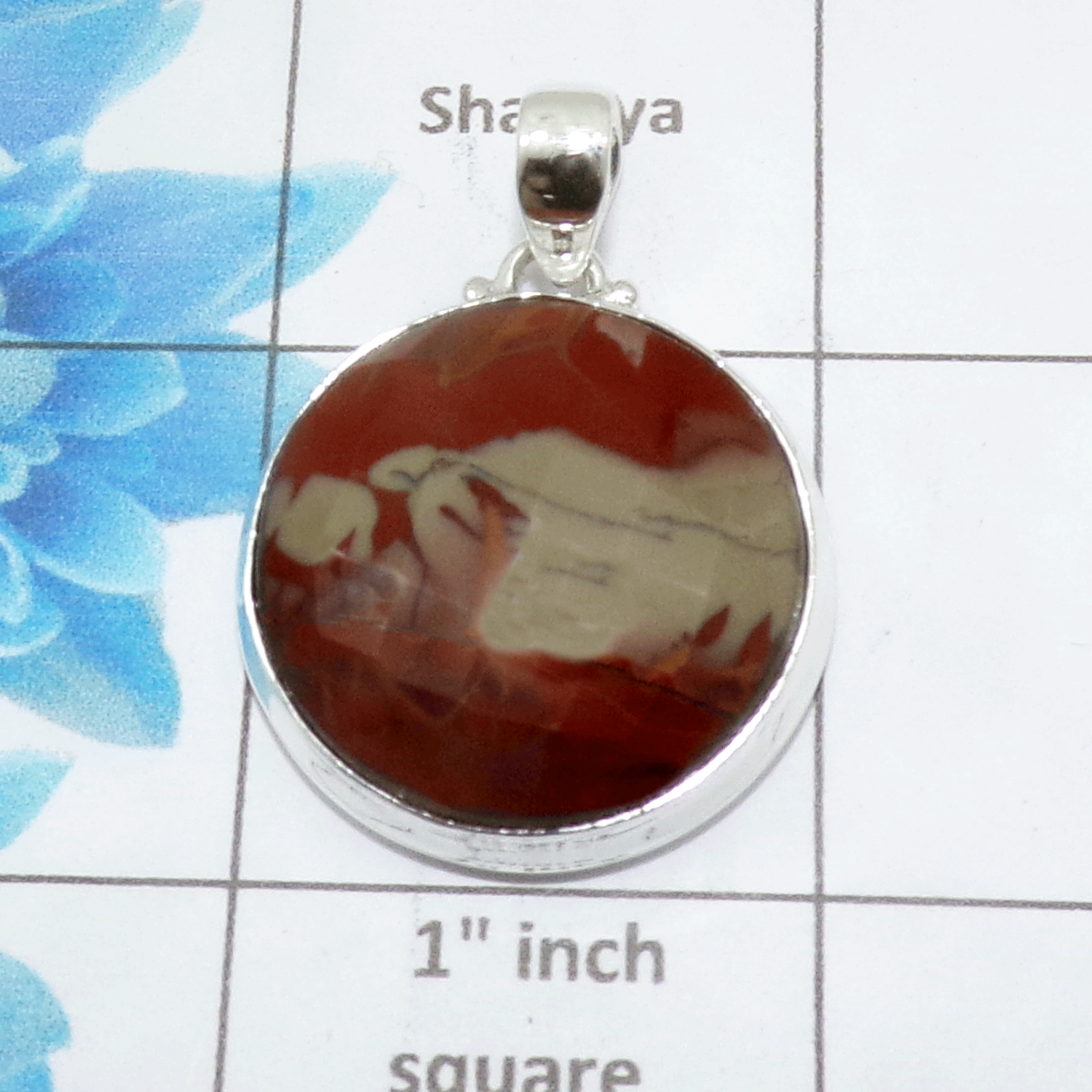 Natural Noreen Jasper Cab Pendant A - ISP502 - Round Shape Solid 925 Sterling Silver Plain Setting Pendant