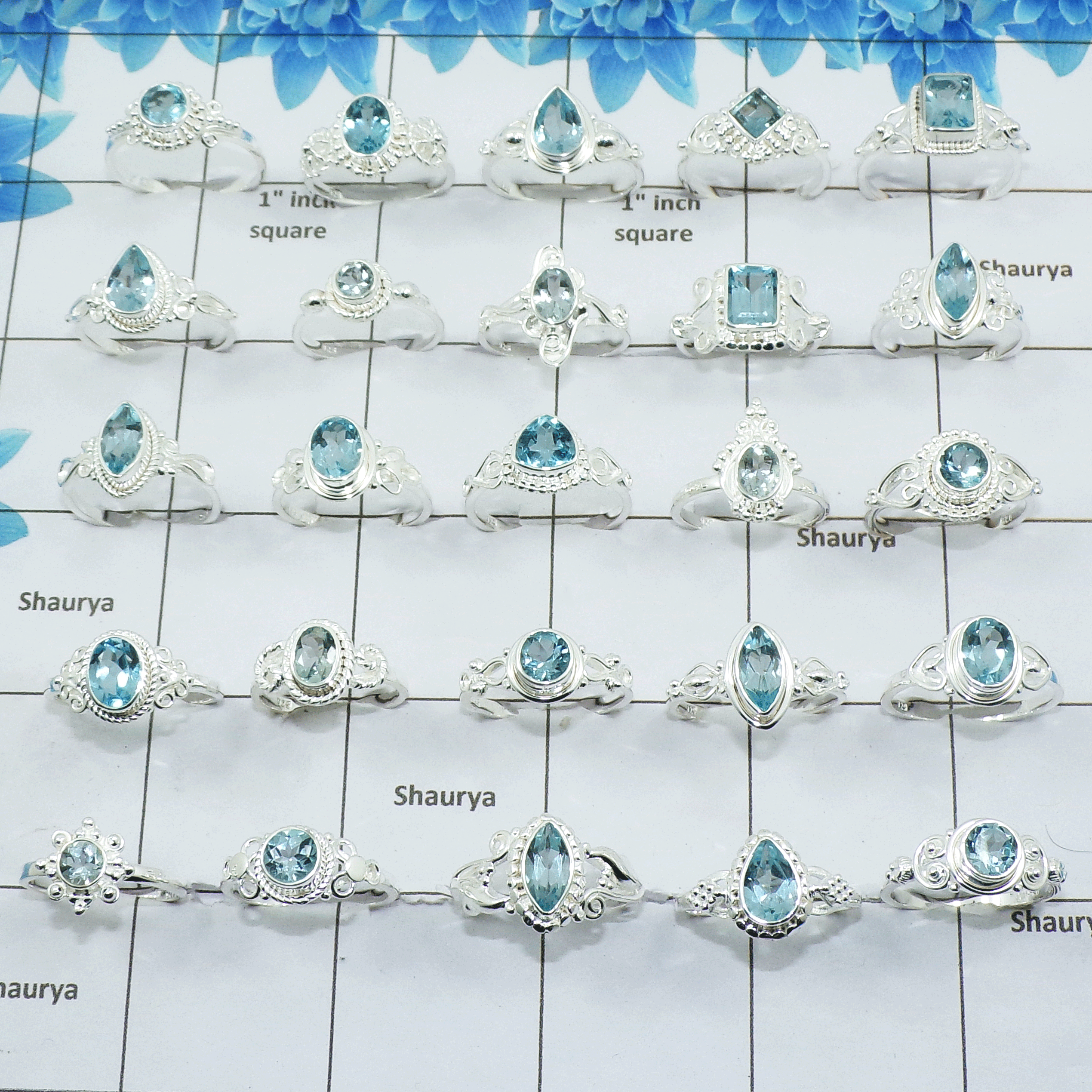 50 Pcs Blue Topaz Cut stone - C Dainty Petite Silver Rings wholesale lot in 925 Solid Silver SIQWLSSR50