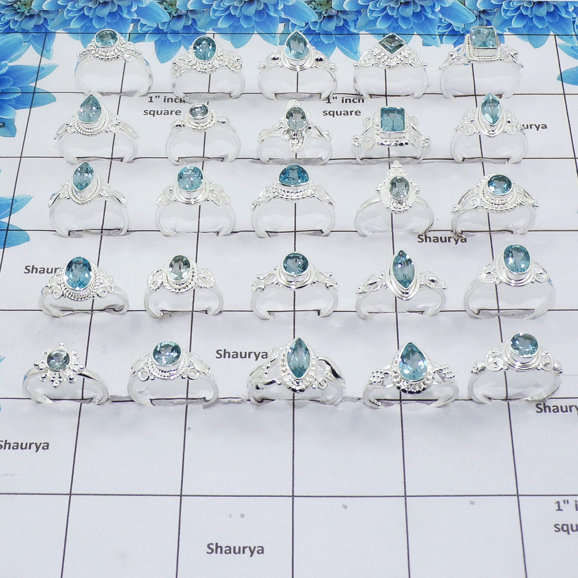 50 Pcs Blue Topaz Cut stone - C Dainty Petite Silver Rings wholesale lot in 925 Solid Silver SIQWLSSR50
