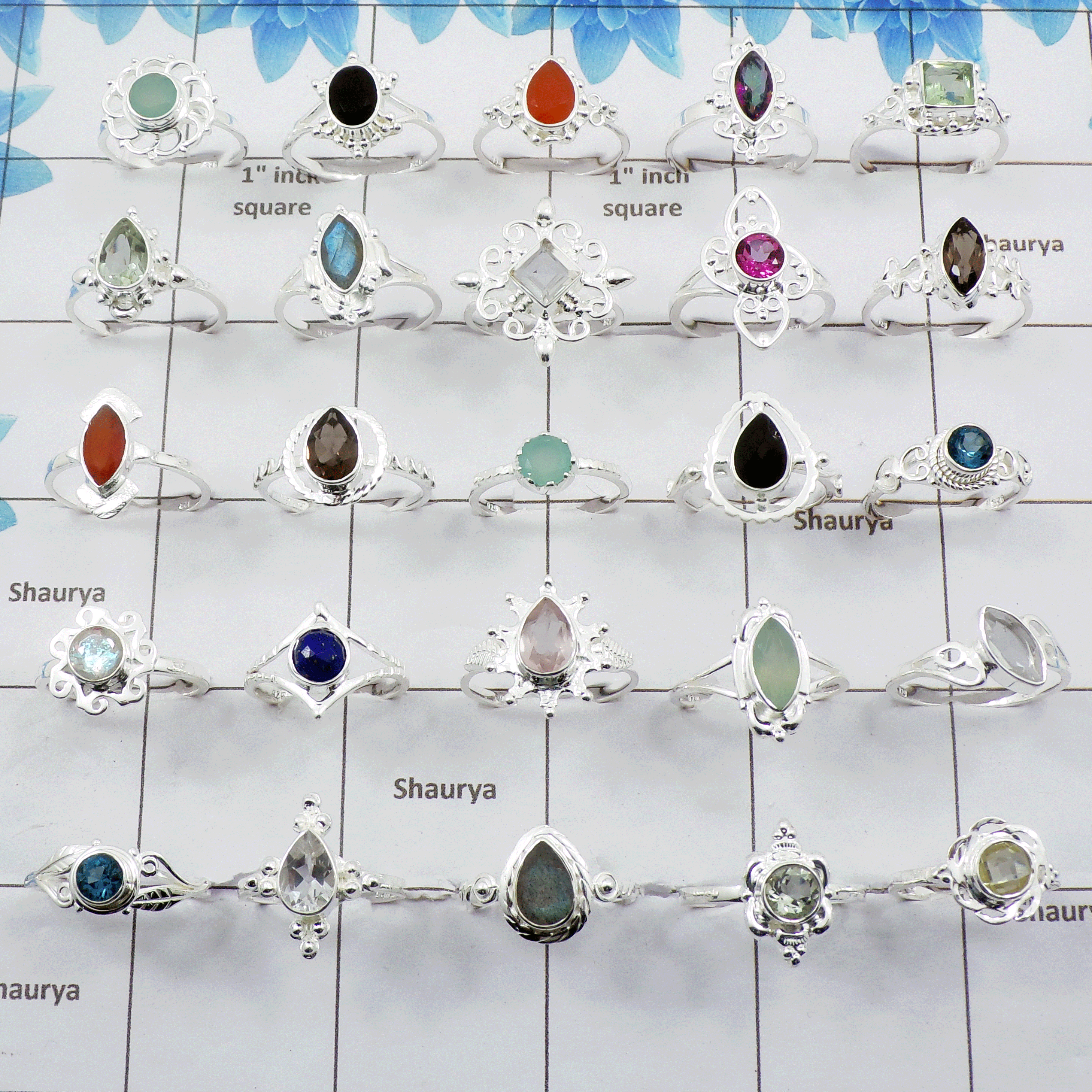 50 Pcs Multi Cut Gemstone - E Dainty Petite Silver Rings wholesale lot in 925 Solid Silver SIQWLSSR50