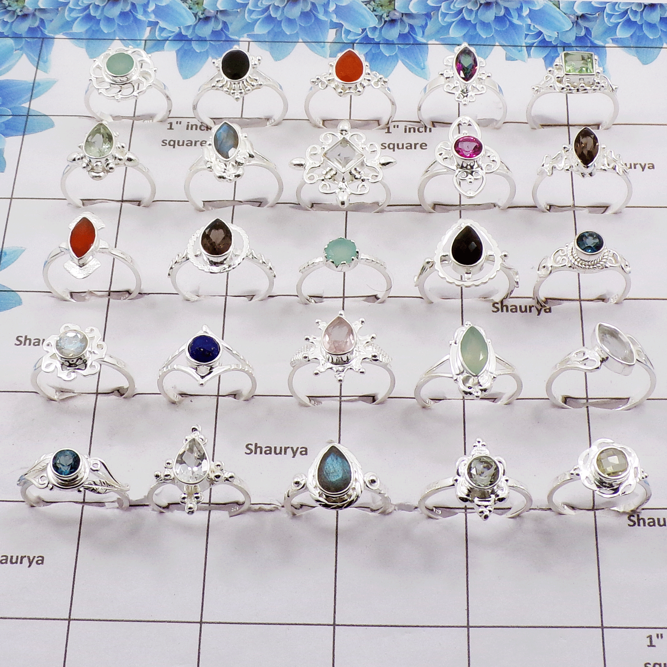 50 Pcs Multi Cut Gemstone - E Dainty Petite Silver Rings wholesale lot in 925 Solid Silver SIQWLSSR50