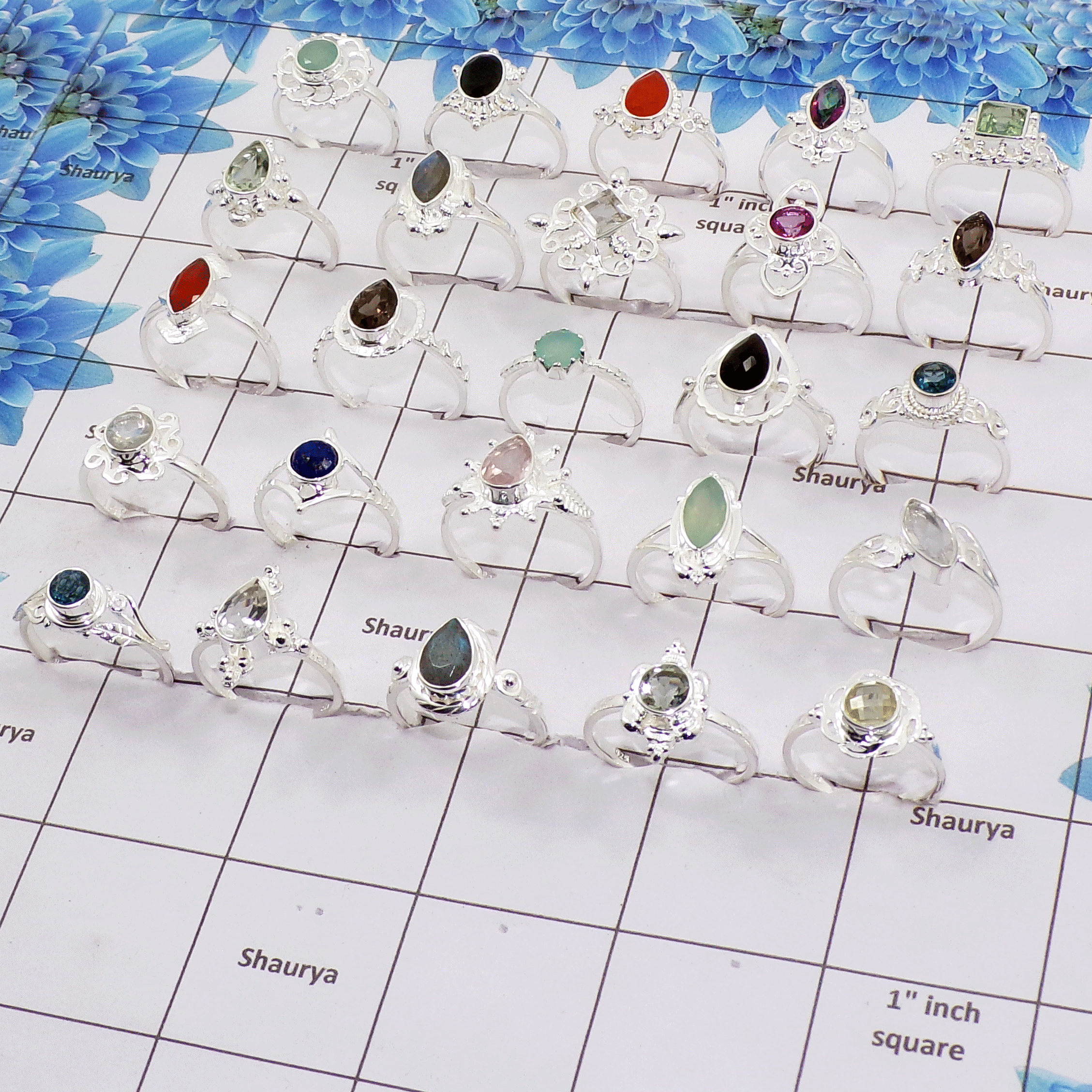 50 Pcs Multi Cut Gemstone - E Dainty Petite Silver Rings wholesale lot in 925 Solid Silver SIQWLSSR50