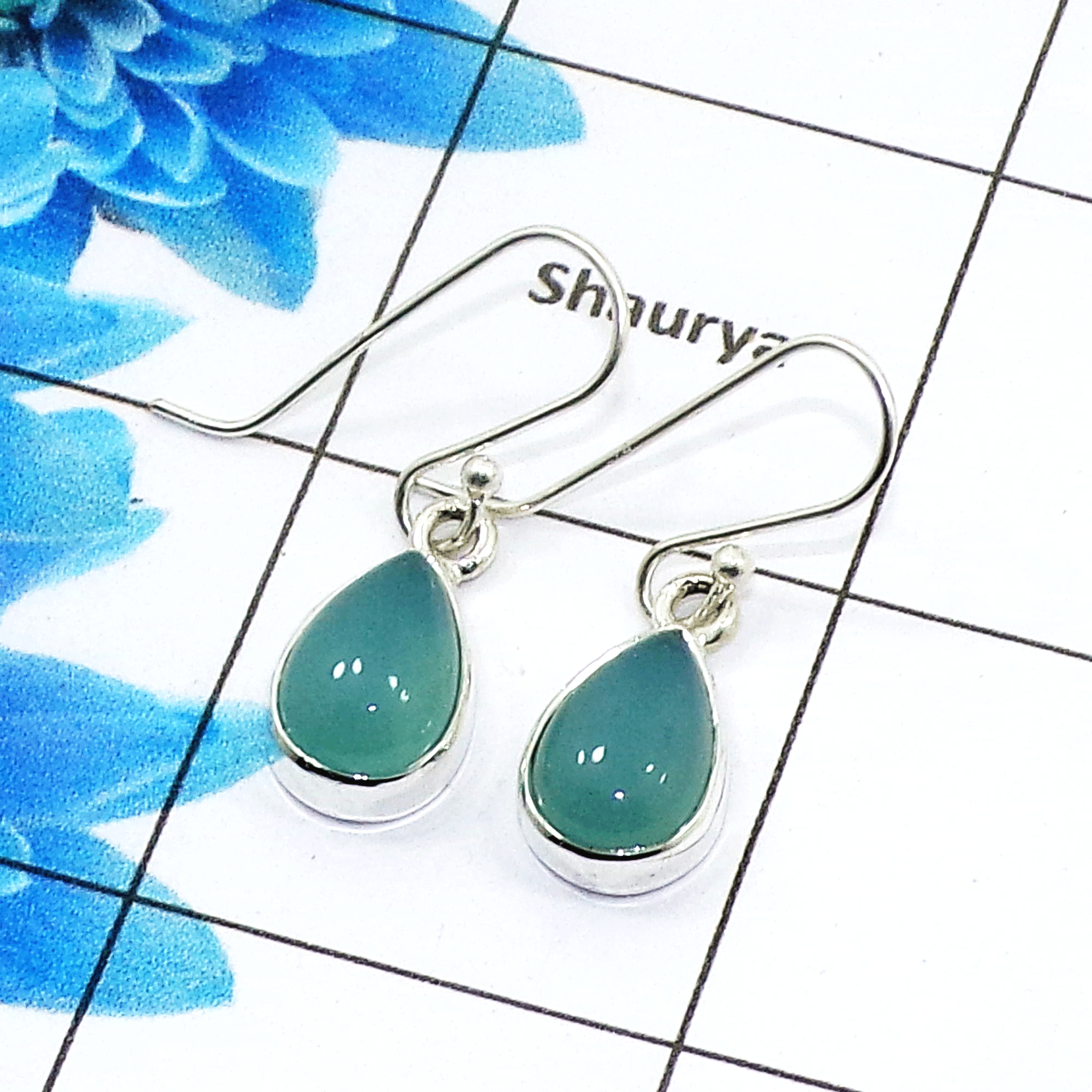 Natural Aqua Chalcedony Cab Earring C - SPE754-Latest Collection Pear Shape 925 Sterling Silver Factory Handmade Earrings