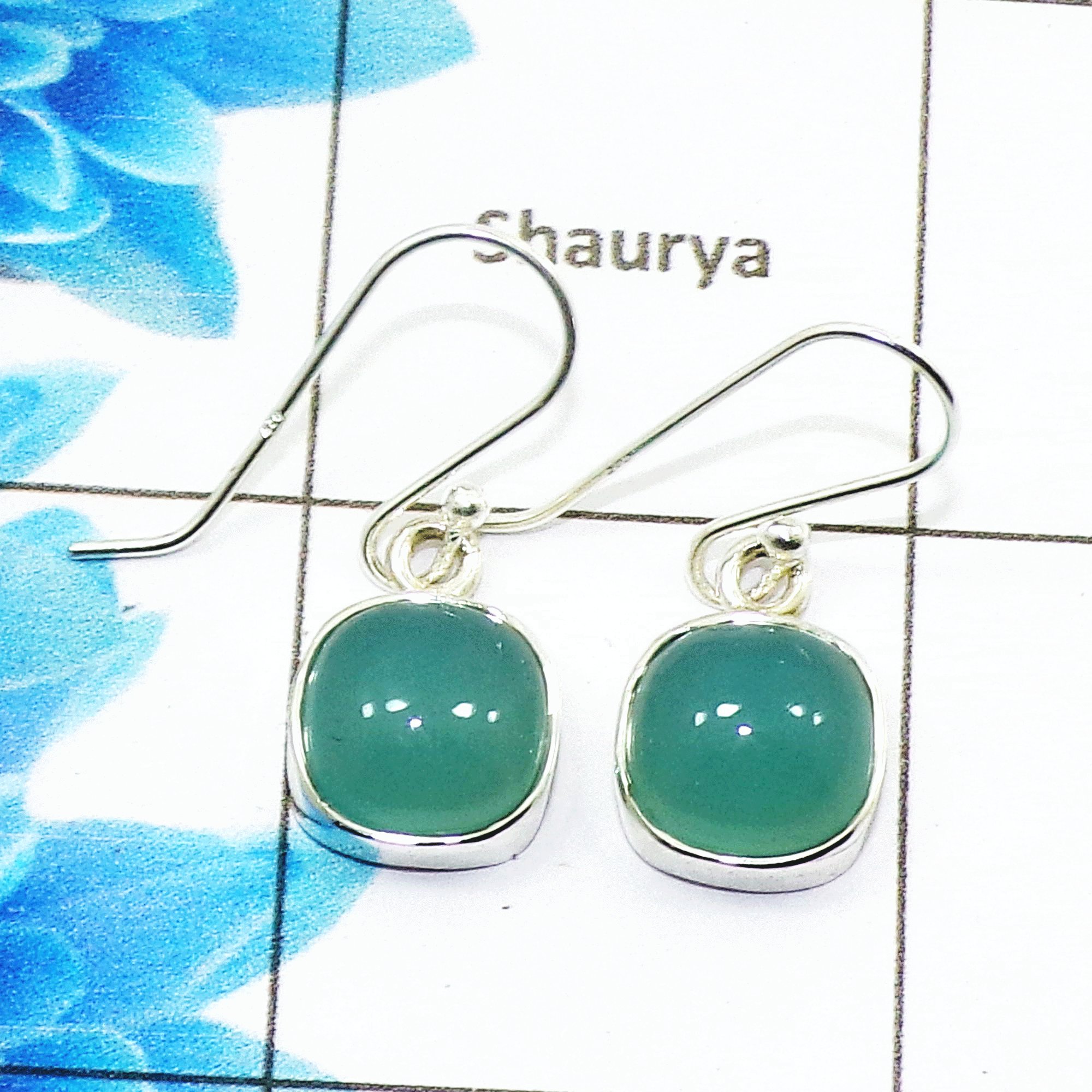 Natural Aqua Chalcedony Cab Earring D - SPE754-Latest Collection Cushion Shape 925 Sterling Silver Factory Handmade Earrings