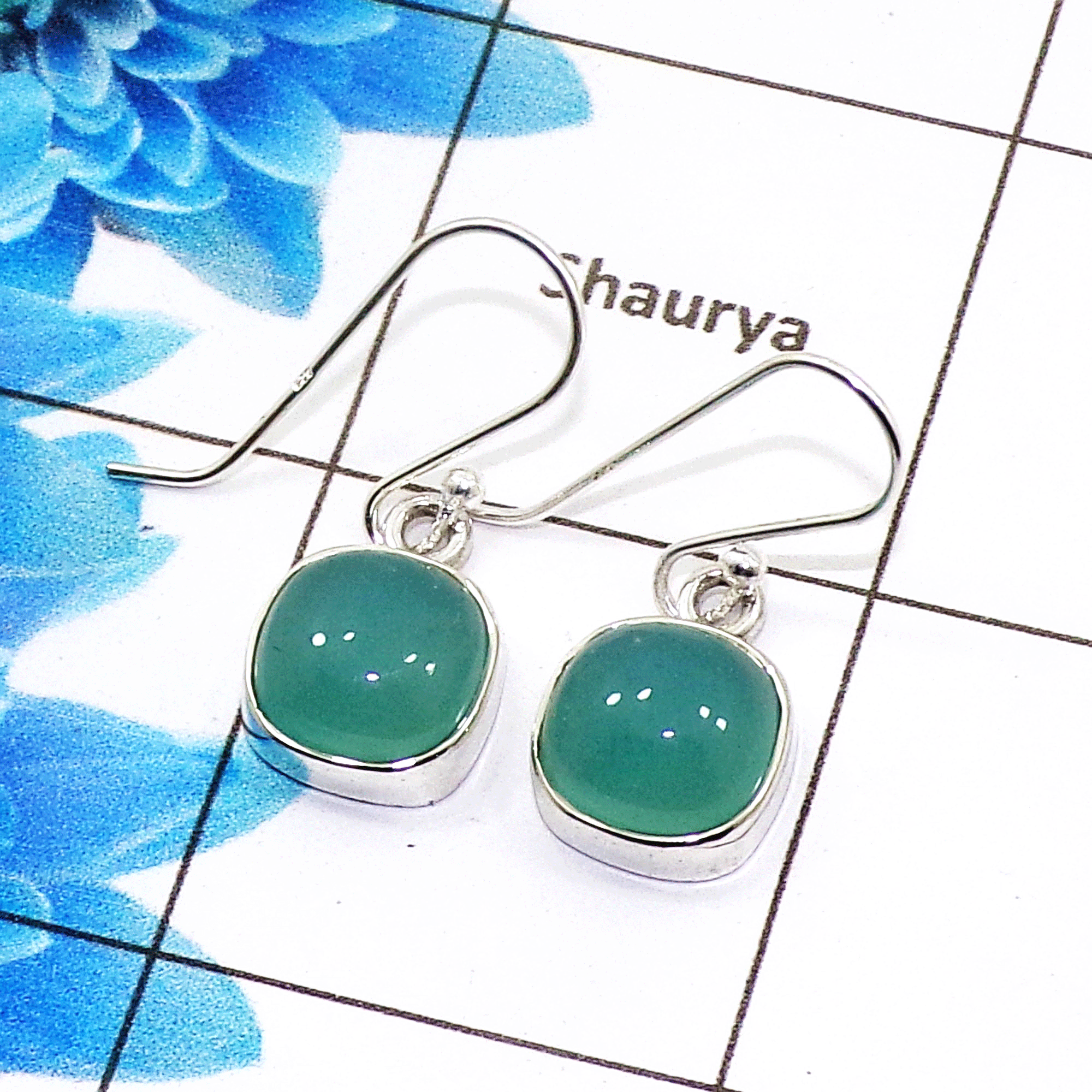 Natural Aqua Chalcedony Cab Earring D - SPE754-Latest Collection Cushion Shape 925 Sterling Silver Factory Handmade Earrings