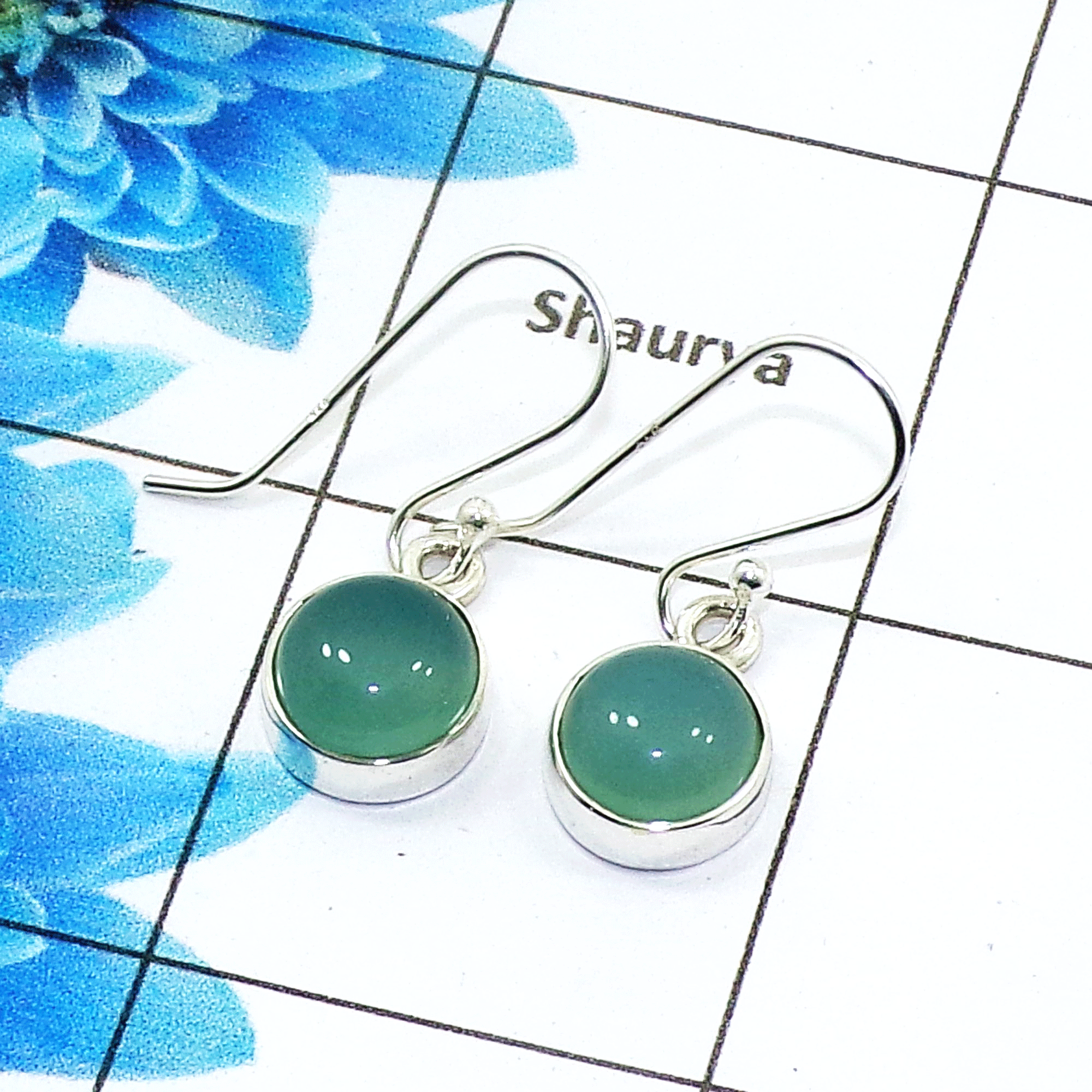 Natural Aqua Chalcedony Cab Earring E - SPE754-Latest Collection Round Shape 925 Sterling Silver Factory Handmade Earrings
