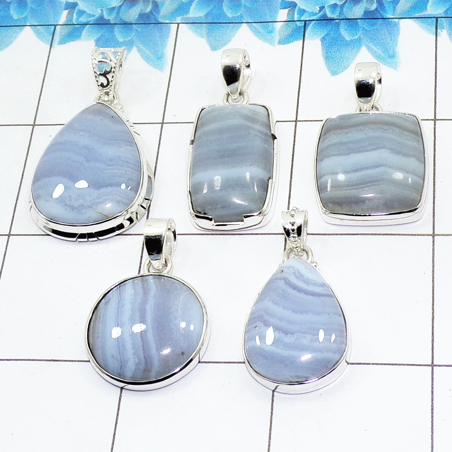 100 Grams Blue Lace Agate Pendants A - WBP100BLA - Assorted 925 Silver Pendants 100 Grams Blue Lace Agate Pendants A - WBP100BLA - Assorted 925 Silver Pendants