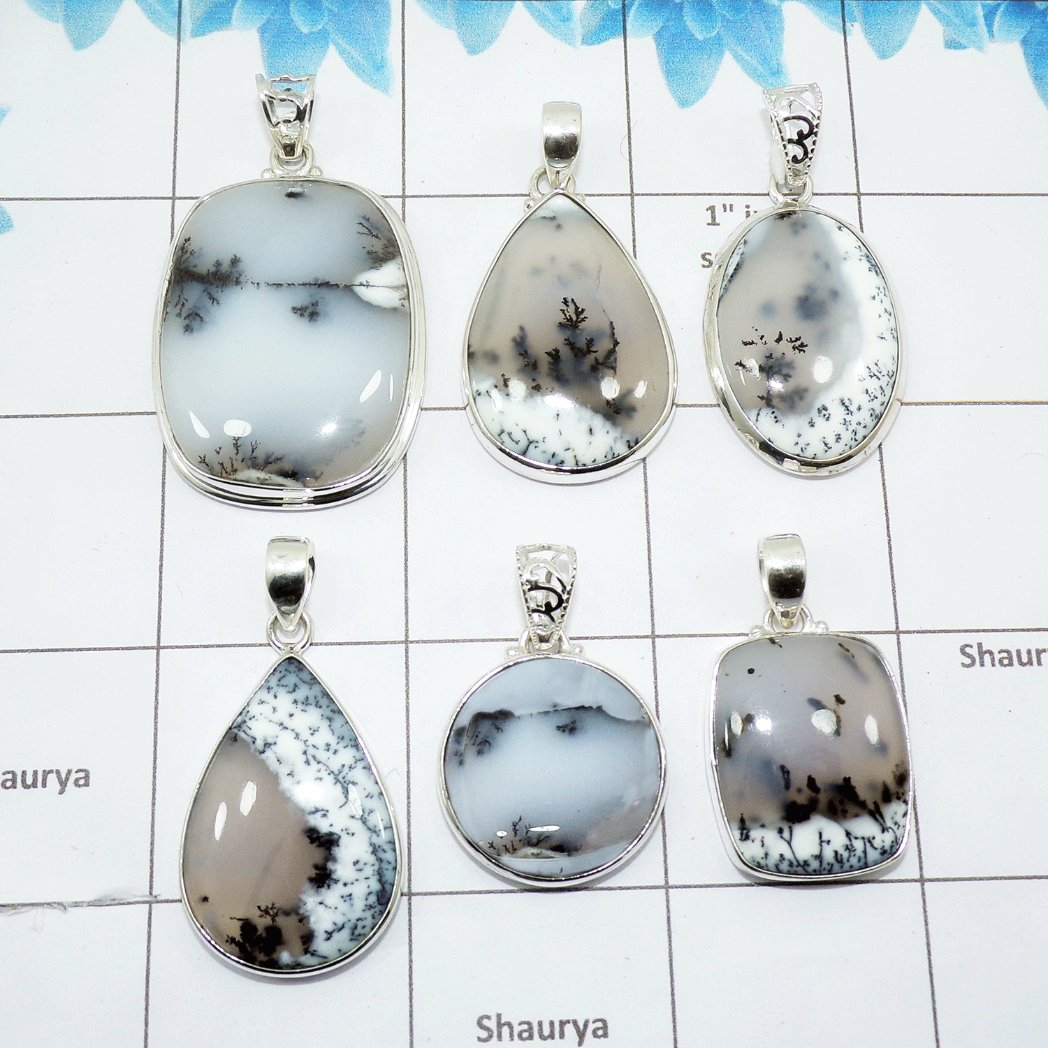 100 Grams Dendrite Agate Pendants B - WBP100DA - Assorted 925 Silver Pendants