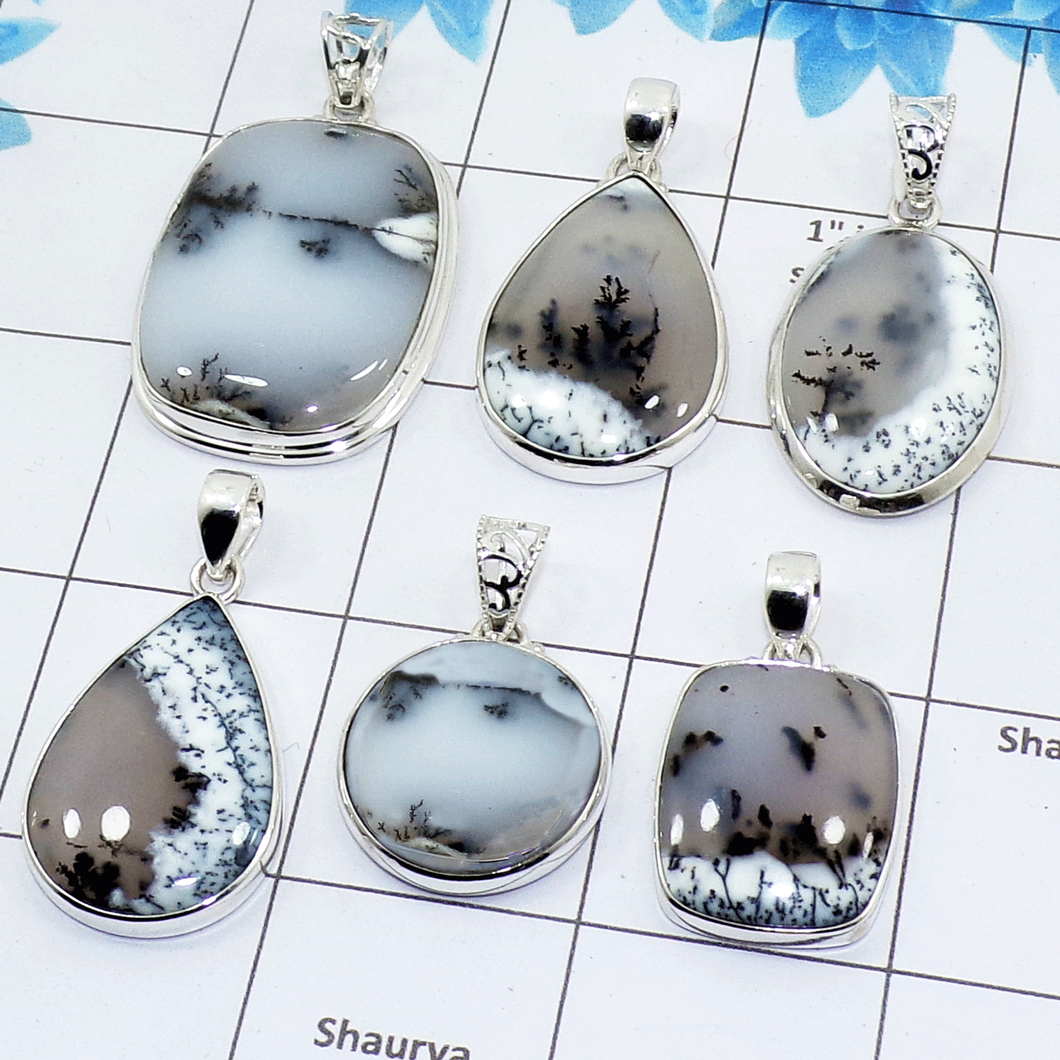 100 Grams Dendrite Agate Pendants B - WBP100DA - Assorted 925 Silver Pendants