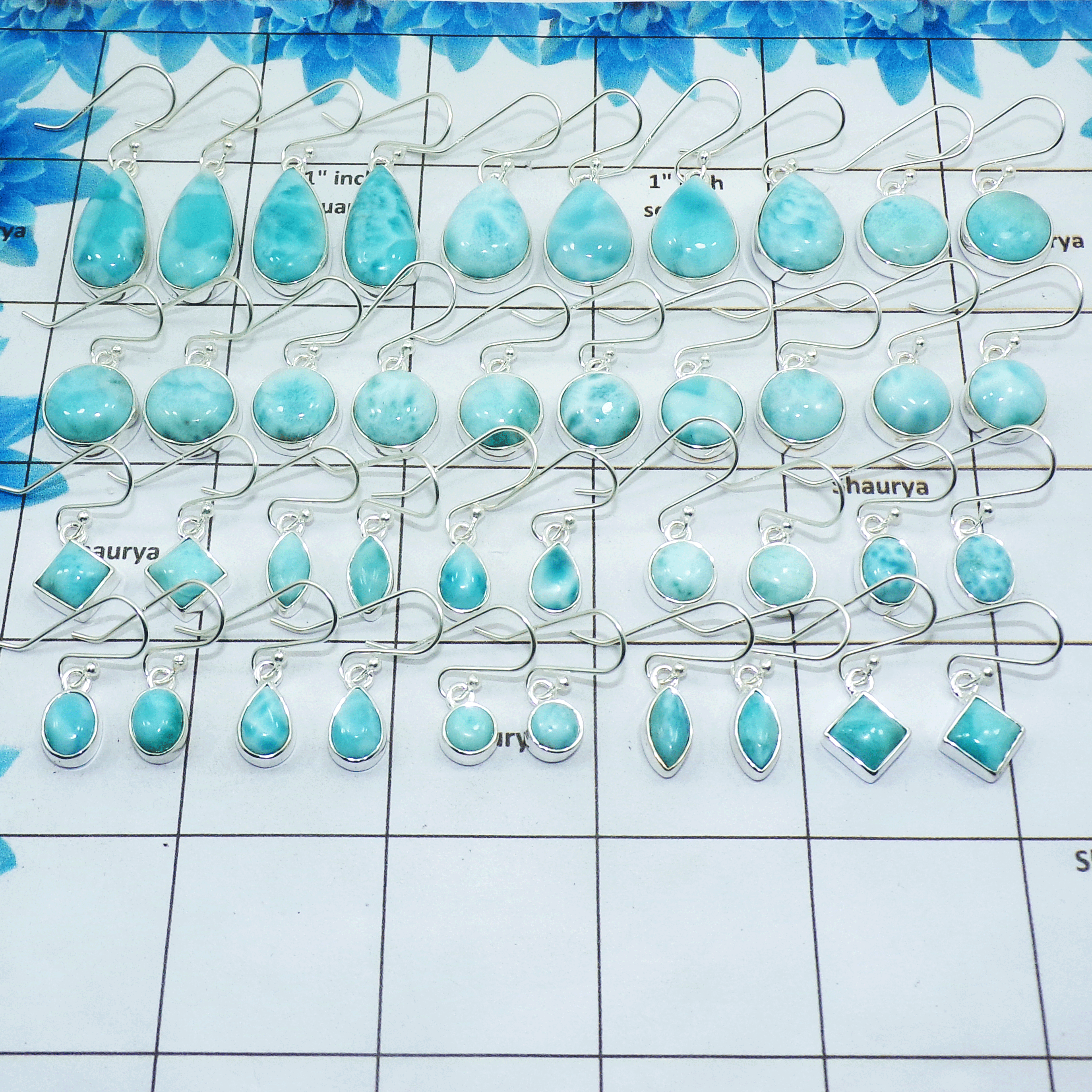 Natural Larimar Cab Earring B - WSL991 100 Grams Assorted Lots Cab Mix Shape Gemstone 925 Sterling Silver Plain Earrings Approx.
