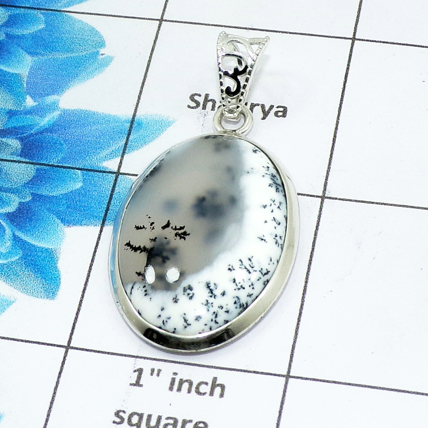 Natural Dendrite Agate Cab Pendant A - ISP505 - Oval Shape Solid 925 Sterling Silver Plain Setting Pendant