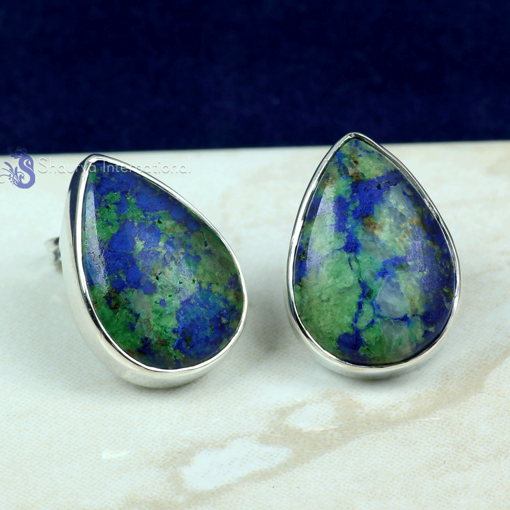Malachite in Azurite D - SSE890- NATURAL GEMSTONE TRENDY STUD EARRINGS MADE IN 925 STERLI Malachite in Azurite D - SSE890- NATURAL GEMSTONE TRENDY STUD EARRINGS MADE IN 925 STERLI