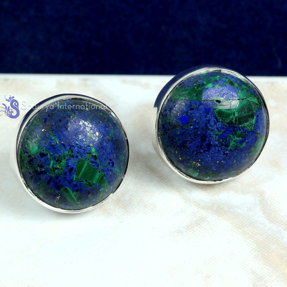Malachite in Azurite K - SSE890- NATURAL GEMSTONE TRENDY STUD EARRINGS MADE IN 925 STERLI Malachite in Azurite K - SSE890- NATURAL GEMSTONE TRENDY STUD EARRINGS MADE IN 925 STERLI