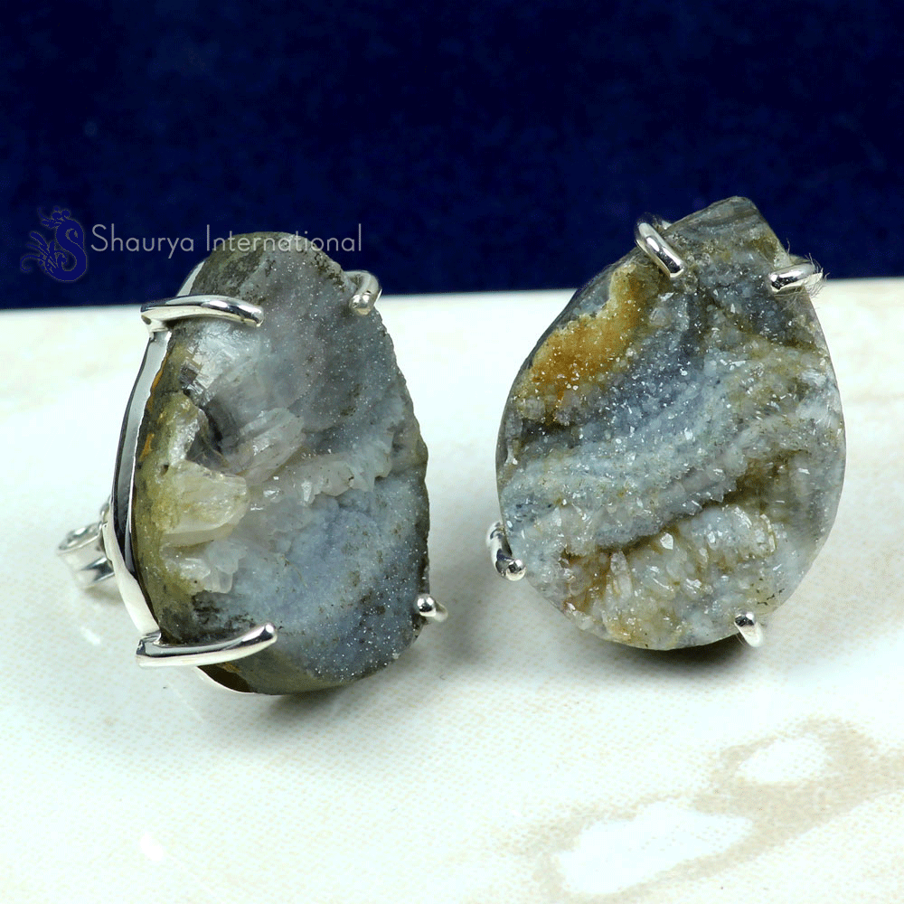 Desert Druzy A - SSE889- NATURAL DRUZY & ROUGH GEMSTONE PRONG & PLAIN SETTING EAR