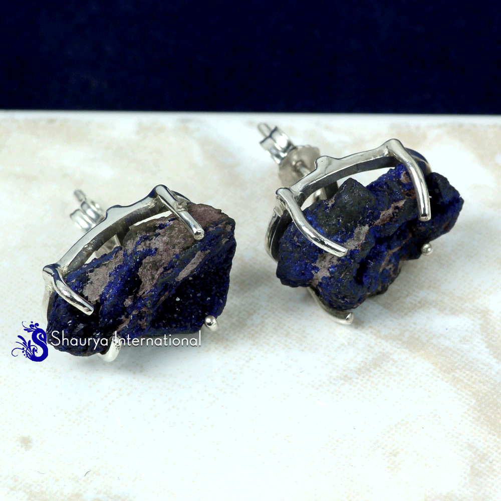 Azurite Druzy E - SSE889- NATURAL DRUZY & ROUGH GEMSTONE PRONG & PLAIN SETTING EAR