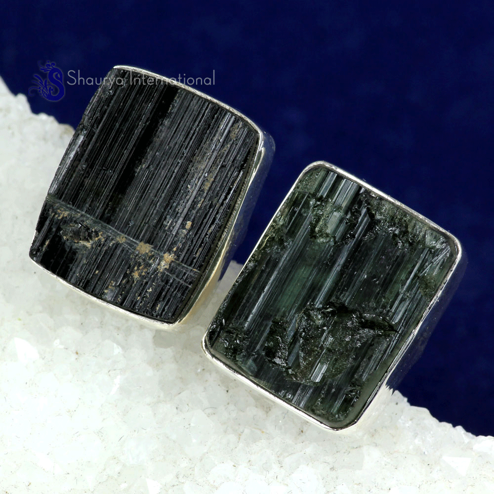 Green Tourmaline G - SSE889- NATURAL DRUZY & ROUGH GEMSTONE PRONG & PLAIN SETTING EAR