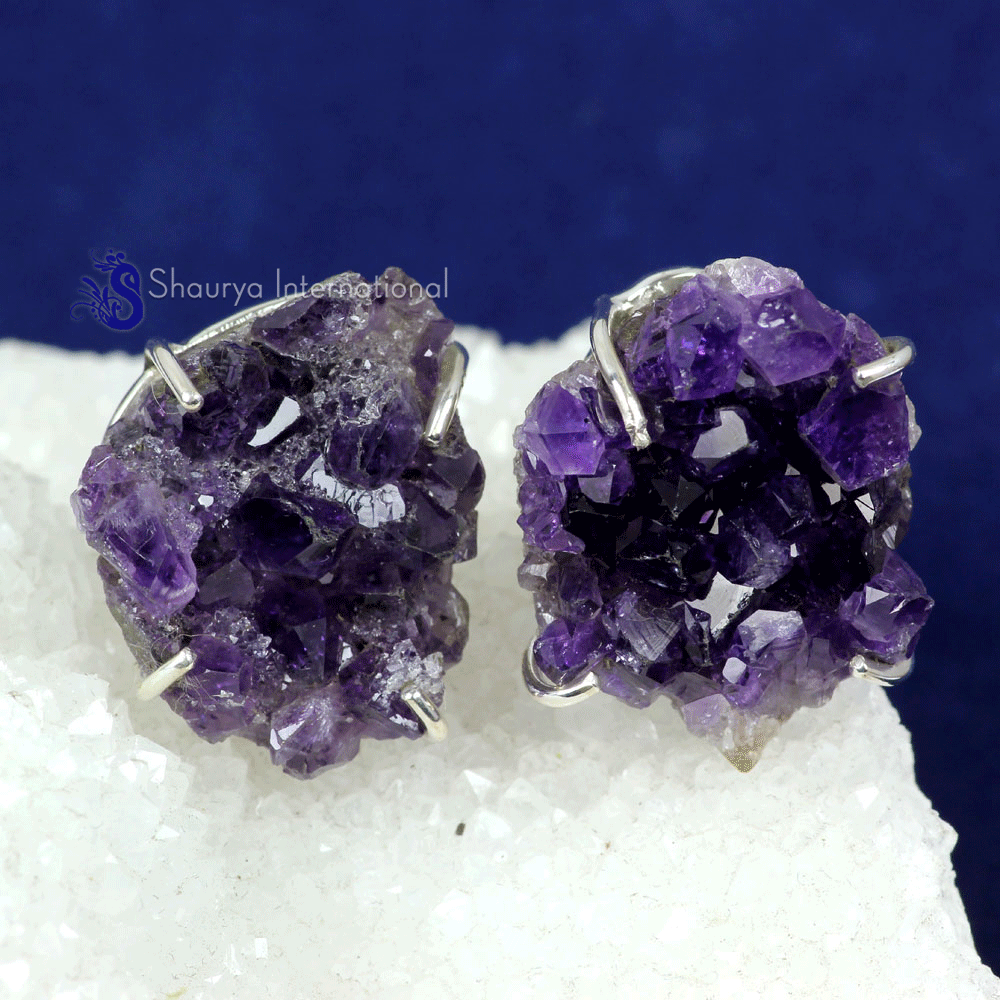 Amethyst Druzy O - SSE889- NATURAL DRUZY & ROUGH GEMSTONE PRONG & PLAIN SETTING EAR