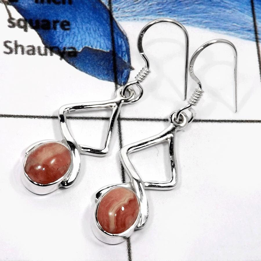 Rhodochrosite C - SDE578-Natural Cab & Cut Designer Dangle Earrings 925 Sterling Silver Rhodochrosite C - SDE578-Natural Cab & Cut Designer Dangle Earrings 925 Sterling Silver