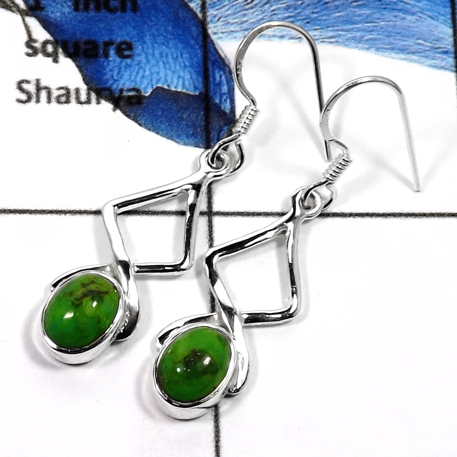 Green Copper Turquoise D - SDE578-Natural Cab & Cut Designer Dangle Earrings 925 Sterling Silver Green Copper Turquoise D - SDE578-Natural Cab & Cut Designer Dangle Earrings 925 Sterling Silver