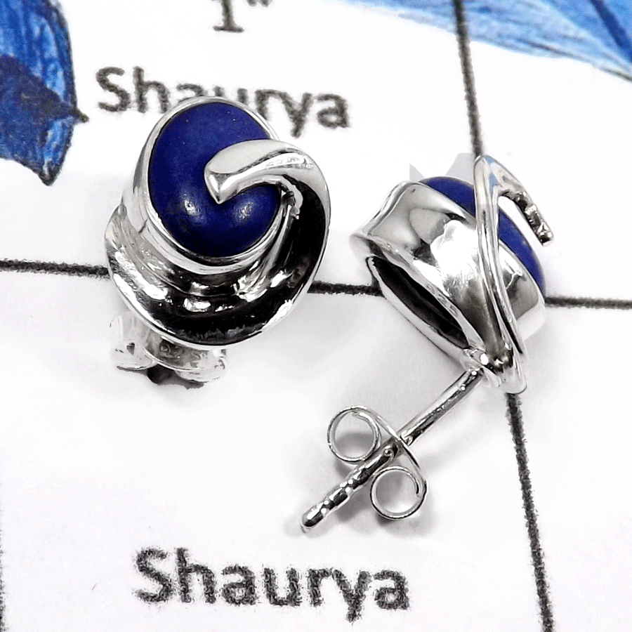 Lapis Lazuli B - SSE838-Natural Cabochon Gemstones Handmade Fashion Stud Earrings 925 Sterling Silver