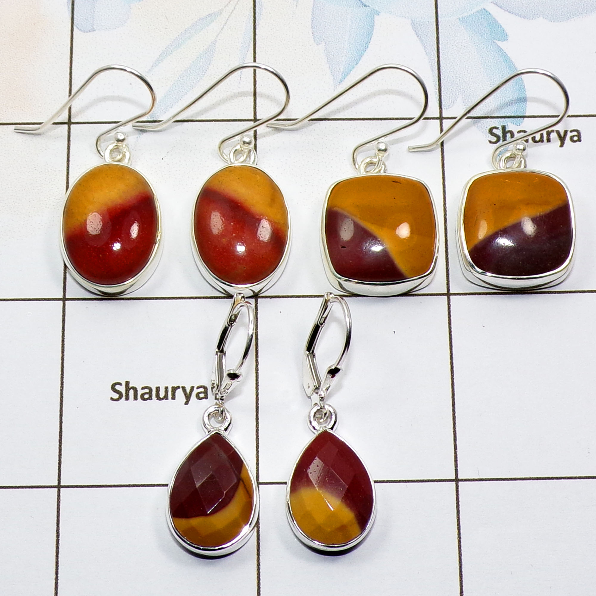 3 Pair Mookaite Gemstone Earring A - BVE990 Cab Mookaite Solid 925 Sterling Silver Plain Earring Wholesale Lot